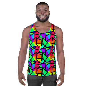 Vibrant colourful men's tank top vest in a kitsch 80s retro Memphis style with diagonal shapes in blue, red, orange, purple, turquoise, green and yellow and a black diagonal overlay on this tank top vest by BillingtonPix