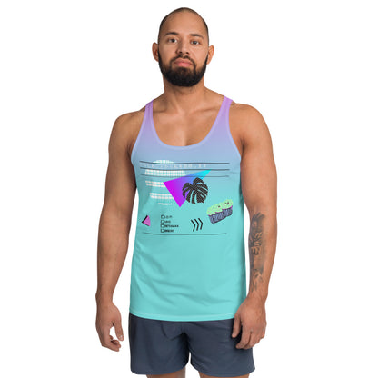 Japanese vaporwave design tank top vest by BillingtonPix, containing gradient turquoise to pink background and geometric shapes and symbols on the front, including vintage sunset and monstera in 80s style graph paper design, grumpy cupcakes, checkboxes including Lo Fi, VHS, Betamax and Brexit options and the Japanese script このたわごとから私を取得します translated as Get me out of this shit. Makes the perfect Otaku fashion and gym clothing.