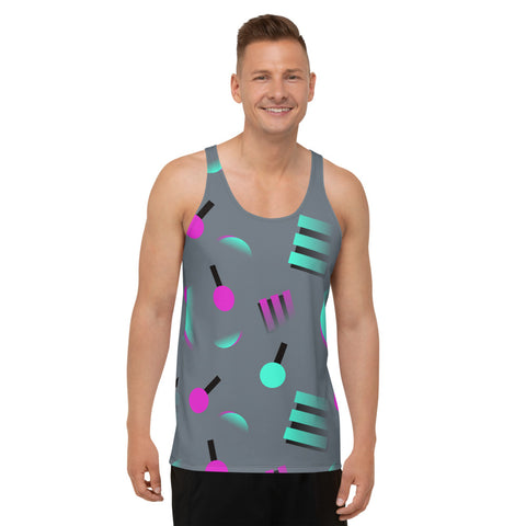 Colourful grey sports and leisure vest or tank top with an 80s Memphis and 90s Vaporwave inspired geometric pattern, consisting of large circular and square shapes in pink and mint against a blue background on this sports vest tank top by BillingtonPix