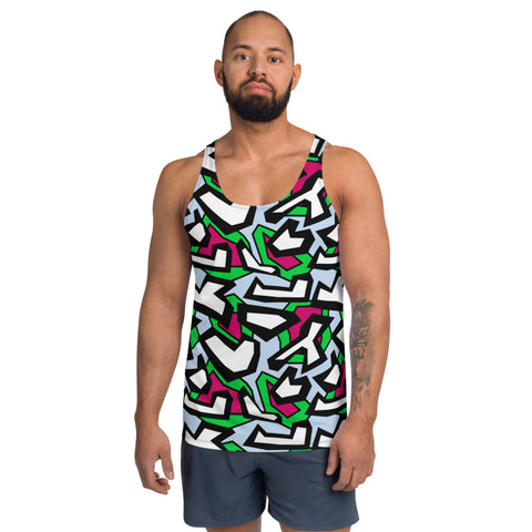 Funky patterned fashion vest or tank top in a geometric 80s Memphis design all-over pattern, in black, white, red and green against a pale blue background on this sports vest or tank top by BillingtonPix