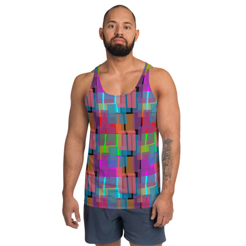 This colorful, luxury feel 60s retro style pattern sports vest has a multicolored geometric shapes pattern design, injecting that all important vintage vibrancy into your day - and what could be better than the gorgeous tones of pink, purple, orange and turquoise on this festival, gym or running tank top sportswear by BillingtonPix?