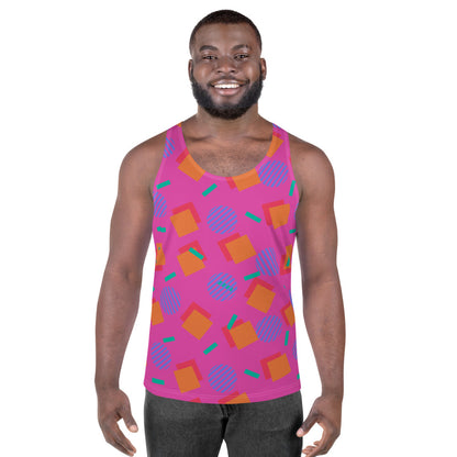 Pink, blue, turquoise and orange Harajuku tank top sportswear in an 80s Memphis design style on this unisex sports vest by BillingtonPix