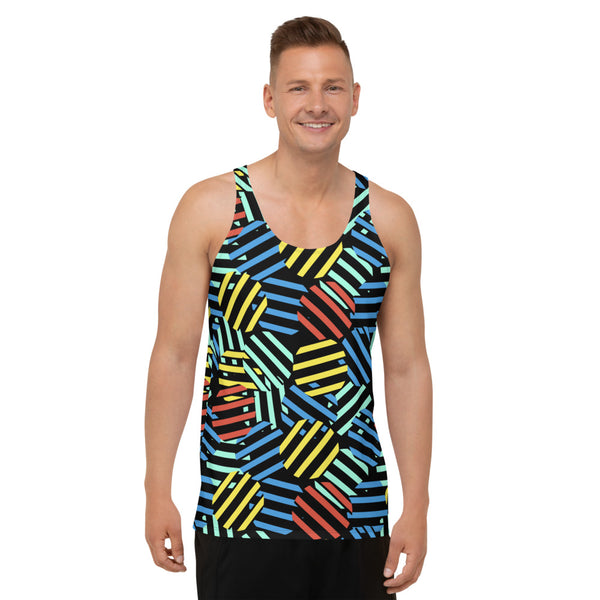 Retro style patterned men's sports vest athleisure clothing in tones of red, blue, yellow and green against a black background on this sportswear tank top by BillingtonPix