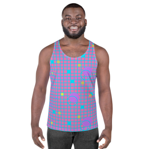 Harajuku geometric patterned unisex sports vest tank top in mauve, pink, blue and yellow, consisting of a grid background in mauve and pink and 80s Memphis design on these festival tank tops by BillingtonPix