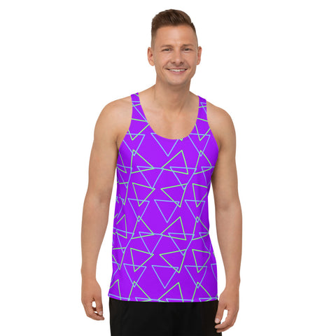 Synthwave blue and green neonwave vaporwave style triangles against a vivid purple background on our sportswear vest tank top by BillingtonPix