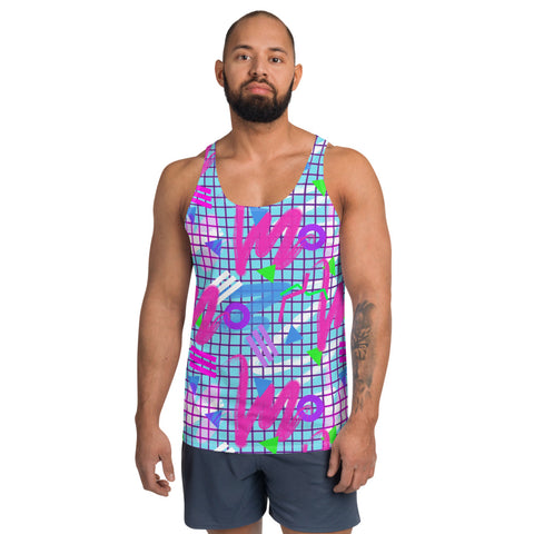 Colourful squiggles and geometric shapes in an 80s Memphis design and 90s Vaporwave style in pink, purple, green and blue men's tank top sports vest by BillingtonPix