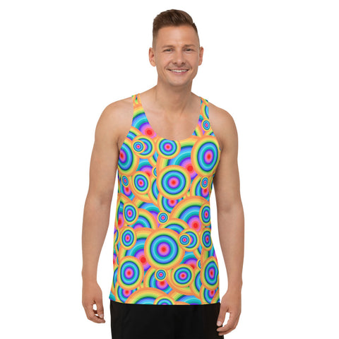 Mesmerizing pattern of colourful and overlapping concentric circles in pink, orange, yellow, turquoise and lilac on these spandex men's tank top or sports vest by BillingtonPix