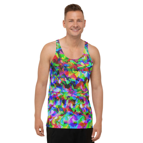 Rainbow coloured psychedelic trippy pattern in a 60s and LGBT vibe, this all-over pattern tank top sports vest by BillingtonPix contains tones of red, green, yellow, purple and blue.