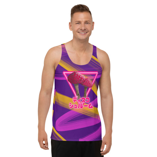 Disco Shroom tank top sports vest with a neonwave style design, neon lighting, stripes and vibe in tones of pink, red and yellow. Shows two mushrooms in the centre in front of a neon triangle and the Japanese words ディスコ シュルーム meaning Disco Shroom. Swirling tones of lilac and amber yellow against a purple background on in an all-over pattern on this graphic tank top vest by BillingtonPix