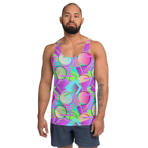 80s Memphis design men's tank top or sports vest clubbing top in a vibrant geometric all-over pattern of circles, squares and stripes in tones of blue, magenta purple, orange and green by BillingtonPix
