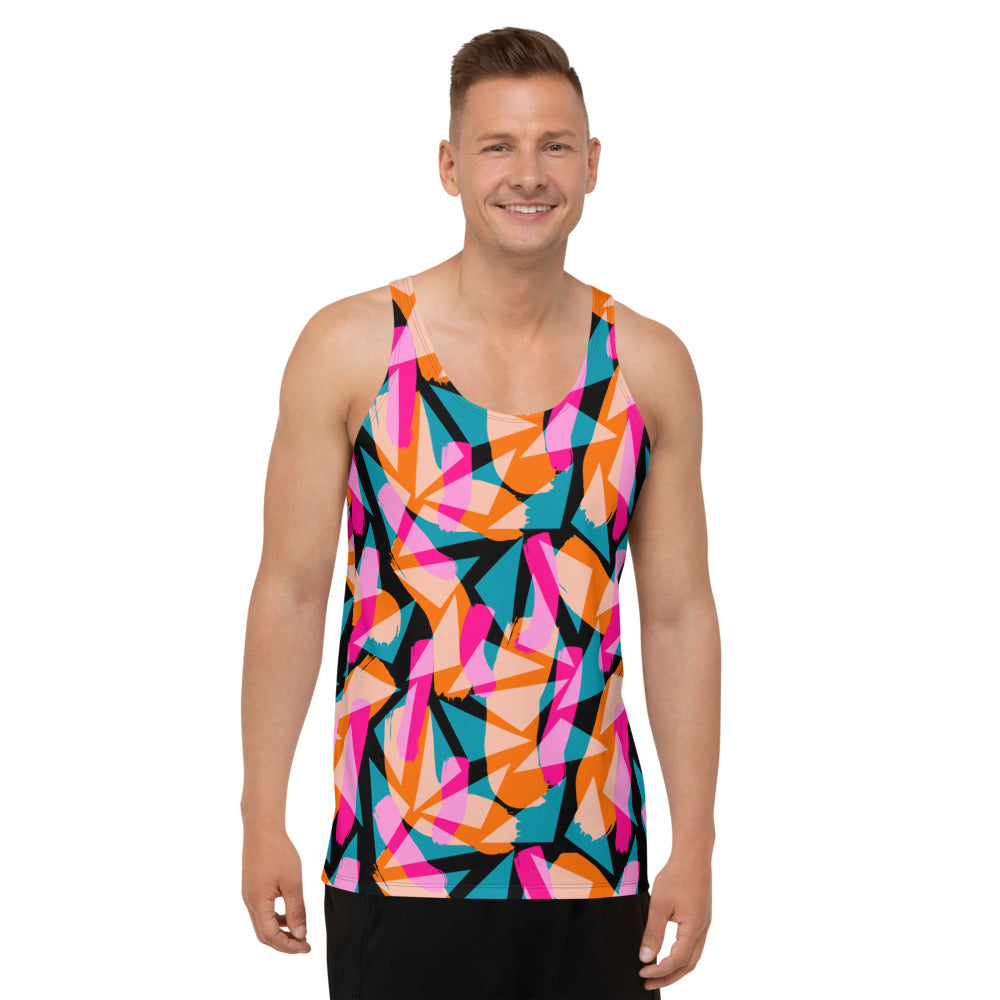 Geometric patterned 90s Memphis design men's gym tank top sports vest streetwear athleisure streetwear fashion in colorful tones of pink, turquoise green and orange against a black background on this Harajuku design tanktop by BillingtonPix