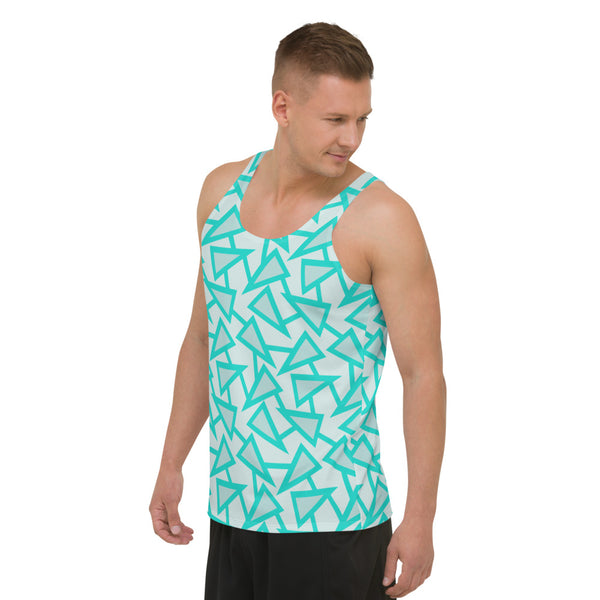 80s Memphis style geometric triangular pattern in turquoise, light grey and mint on this tank top vest by BillingtonPix