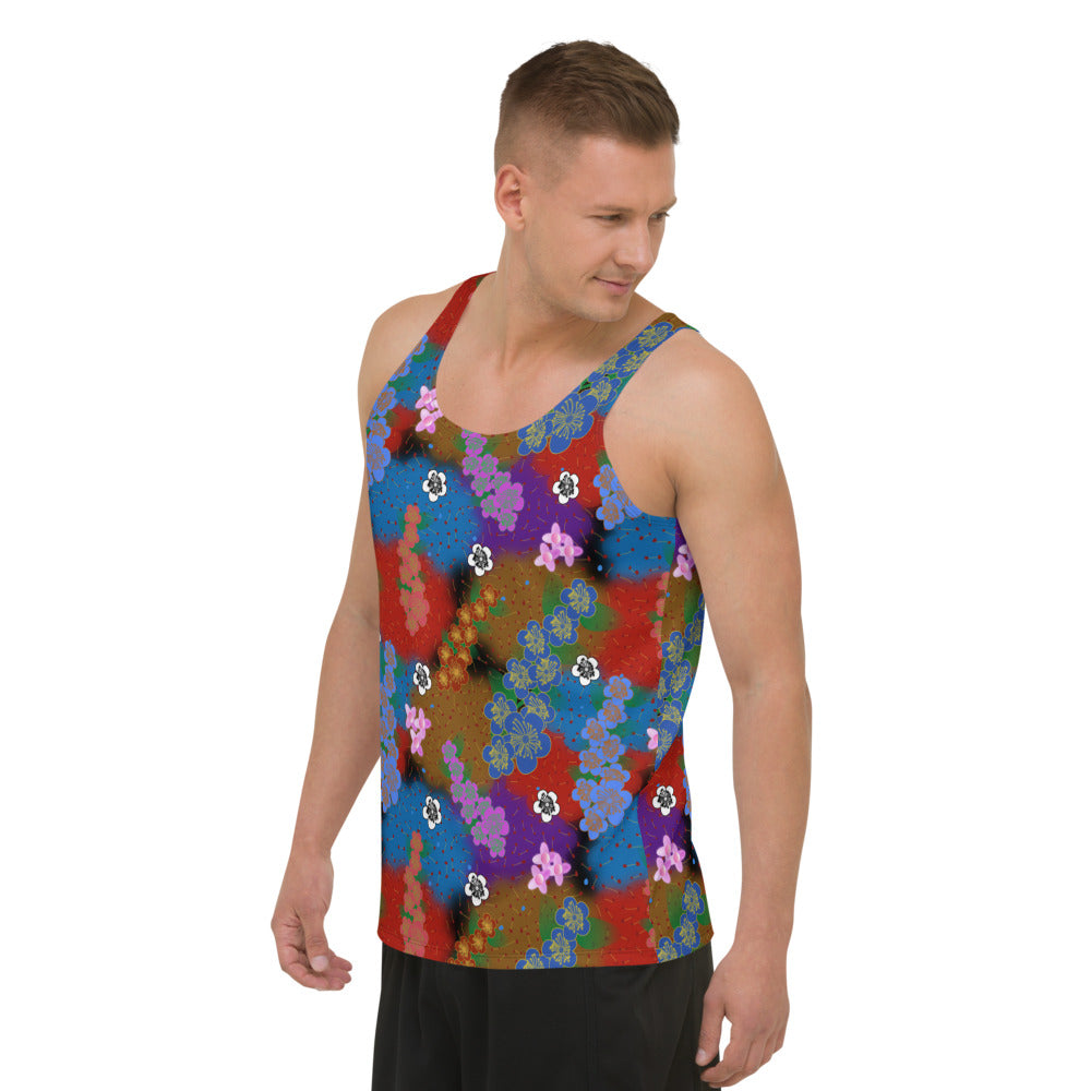 Colourful retro style floral aesthetic with a psychedelic kitsch vibe and grandmacore or cottagecore overtones on this vibrant tank top vest by BillingtonPix