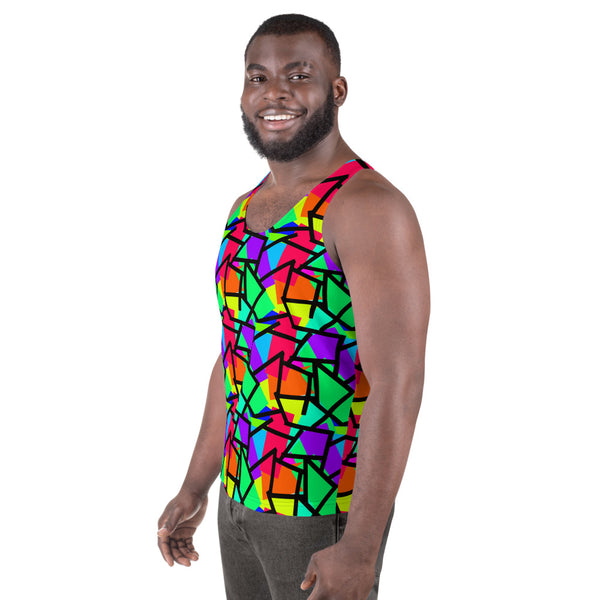Vibrant colourful men's tank top vest in a kitsch 80s retro Memphis style with diagonal shapes in blue, red, orange, purple, turquoise, green and yellow and a black diagonal overlay on this tank top vest by BillingtonPix