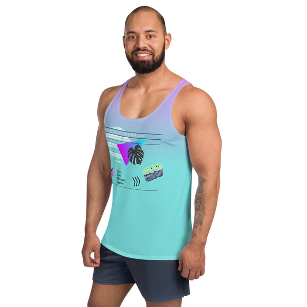 Japanese vaporwave design tank top vest by BillingtonPix, containing gradient turquoise to pink background and geometric shapes and symbols on the front, including vintage sunset and monstera in 80s style graph paper design, grumpy cupcakes, checkboxes including Lo Fi, VHS, Betamax and Brexit options and the Japanese script このたわごとから私を取得します translated as Get me out of this shit. Makes the perfect Otaku fashion and gym clothing.