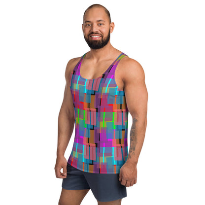 This colorful, luxury feel 60s retro style pattern sports vest has a multicolored geometric shapes pattern design, injecting that all important vintage vibrancy into your day - and what could be better than the gorgeous tones of pink, purple, orange and turquoise on this festival, gym or running tank top sportswear by BillingtonPix?