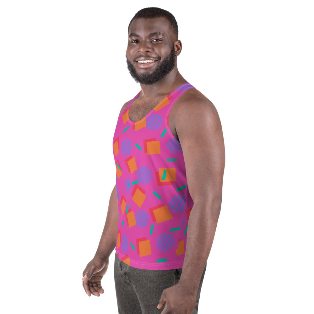 Pink, blue, turquoise and orange Harajuku tank top sportswear in an 80s Memphis design style on this unisex sports vest by BillingtonPix