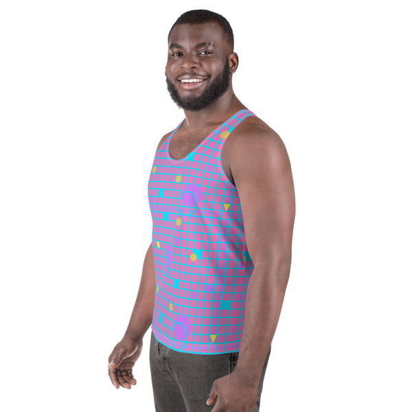 Harajuku geometric patterned unisex sports vest tank top in mauve, pink, blue and yellow, consisting of a grid background in mauve and pink and 80s Memphis design on these festival tank tops by BillingtonPix