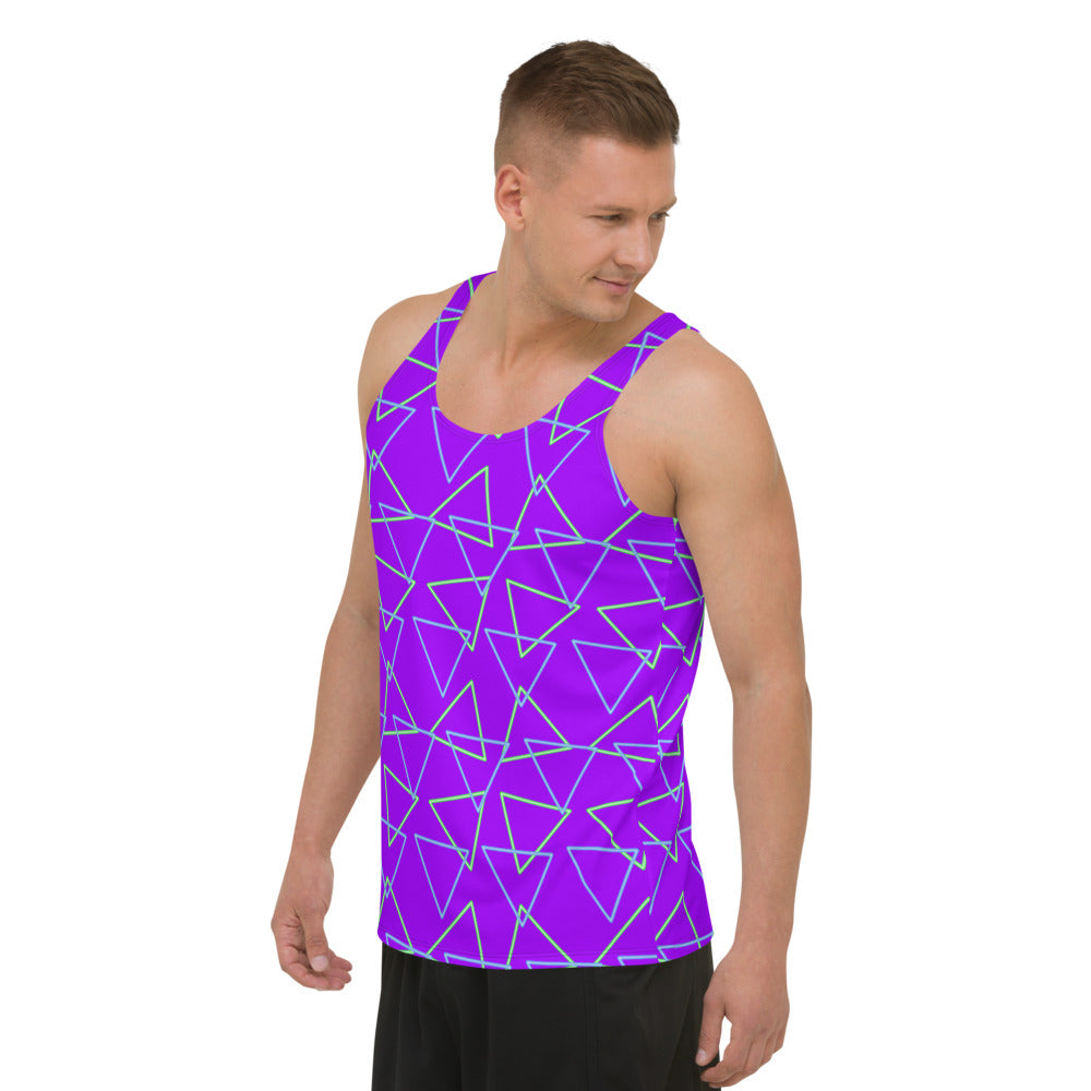 Synthwave blue and green neonwave vaporwave style triangles against a vivid purple background on our sportswear vest tank top by BillingtonPix