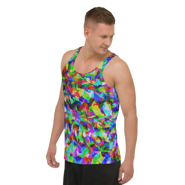Rainbow coloured psychedelic trippy pattern in a 60s and LGBT vibe, this all-over pattern tank top sports vest by BillingtonPix contains tones of red, green, yellow, purple and blue.
