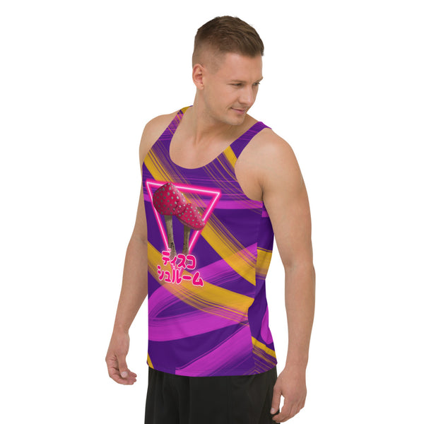 Disco Shroom tank top sports vest with a neonwave style design, neon lighting, stripes and vibe in tones of pink, red and yellow. Shows two mushrooms in the centre in front of a neon triangle and the Japanese words ディスコ シュルーム meaning Disco Shroom. Swirling tones of lilac and amber yellow against a purple background on in an all-over pattern on this graphic tank top vest by BillingtonPix