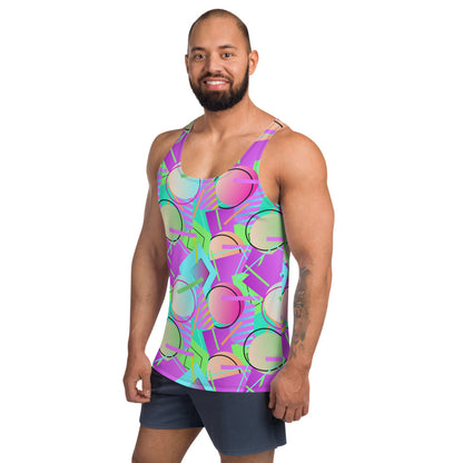 80s Memphis design men's tank top or sports vest clubbing top in a vibrant geometric all-over pattern of circles, squares and stripes in tones of blue, magenta purple, orange and green by BillingtonPix