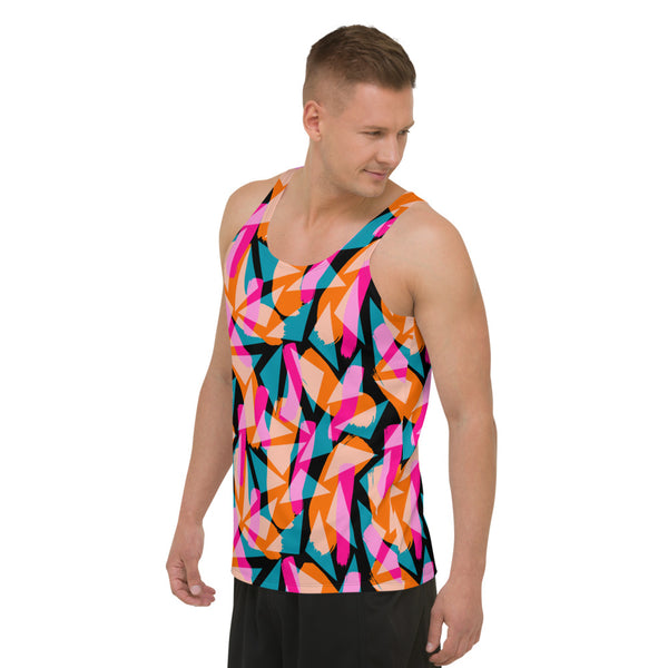 Geometric patterned 90s Memphis design men's gym tank top sports vest streetwear athleisure streetwear fashion in colorful tones of pink, turquoise green and orange against a black background on this Harajuku design tanktop by BillingtonPix