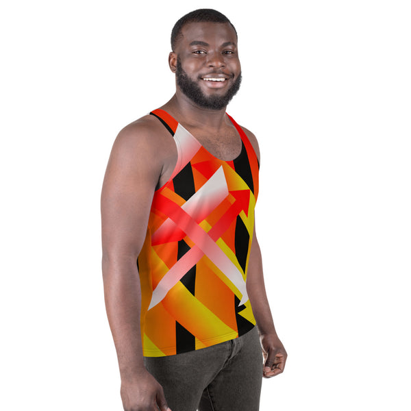 Retro 90s style geometric patterned tank top in tones of orange, red, black, yellow and white by BillingtonPix