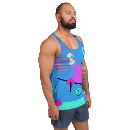 80s Japanese Vaporwave style design featuring a Michaelangelo's David reference, vintage sunset and 80s Memphis style geometric shapes, some in a gradual fade on both sides of this blue tank top by BillingtonPix