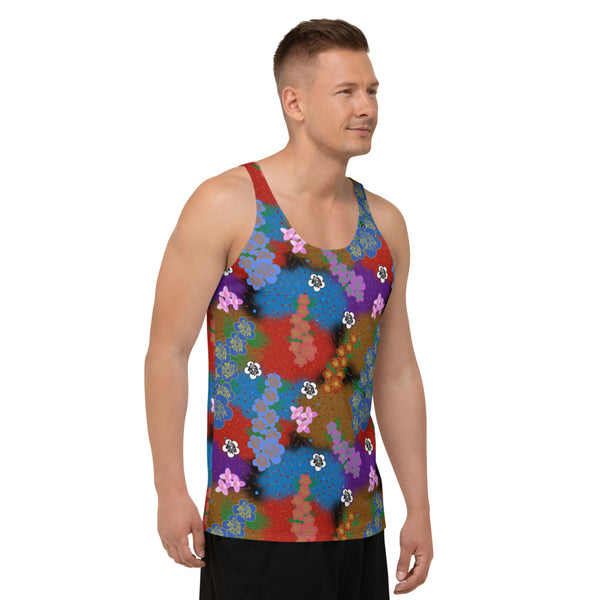 Colourful retro style floral aesthetic with a psychedelic kitsch vibe and grandmacore or cottagecore overtones on this vibrant tank top vest by BillingtonPix