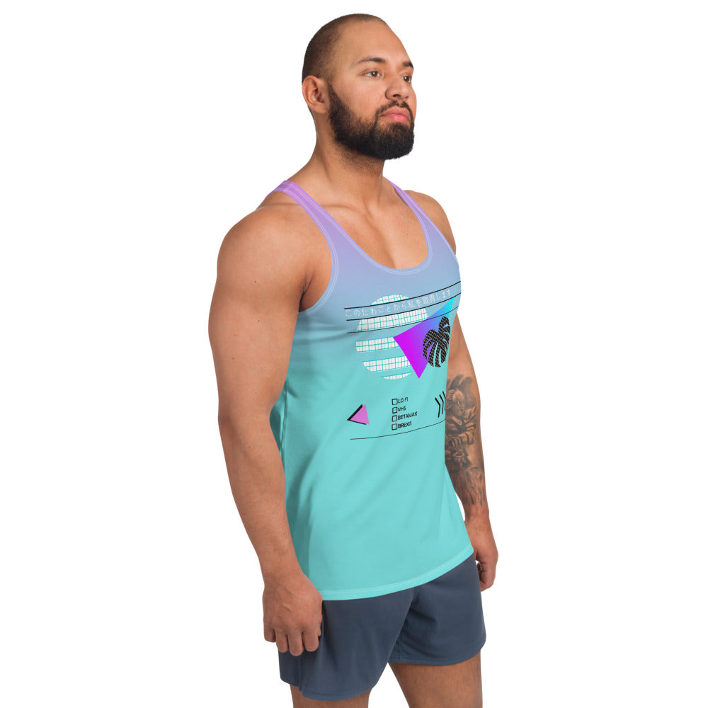 Japanese vaporwave design tank top vest by BillingtonPix, containing gradient turquoise to pink background and geometric shapes and symbols on the front, including vintage sunset and monstera in 80s style graph paper design, grumpy cupcakes, checkboxes including Lo Fi, VHS, Betamax and Brexit options and the Japanese script このたわごとから私を取得します translated as Get me out of this shit. Makes the perfect Otaku fashion and gym clothing.