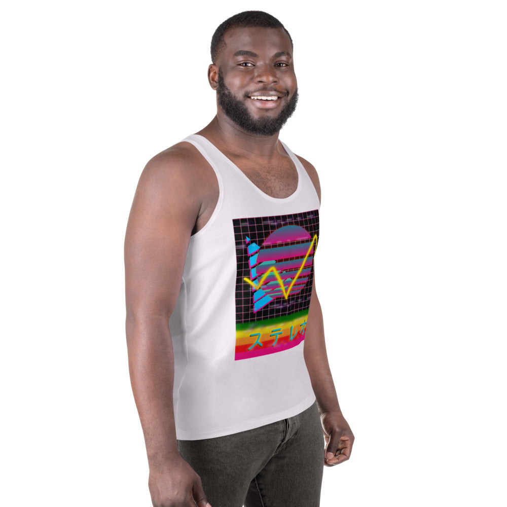 Best vaporwave tank top vest design with 80s Memphis aesthetic, vintage sunset, Japanese script, 80s betamax video cassette theme, retrowave aesthetic in a colourful Harajuku style by BillingtonPix