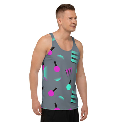 Colourful grey sports and leisure vest or tank top with an 80s Memphis and 90s Vaporwave inspired geometric pattern, consisting of large circular and square shapes in pink and mint against a blue background on this sports vest tank top by BillingtonPix