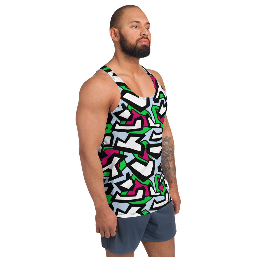 Funky patterned fashion vest or tank top in a geometric 80s Memphis design all-over pattern, in black, white, red and green against a pale blue background on this sports vest or tank top by BillingtonPix