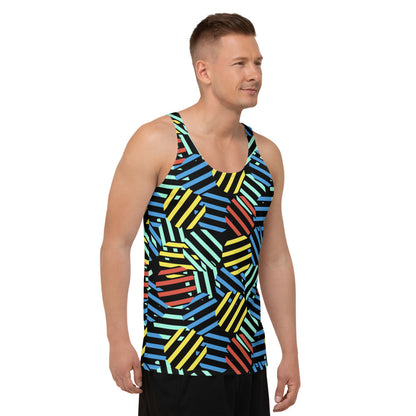 Retro style patterned men's sports vest athleisure clothing in tones of red, blue, yellow and green against a black background on this sportswear tank top by BillingtonPix