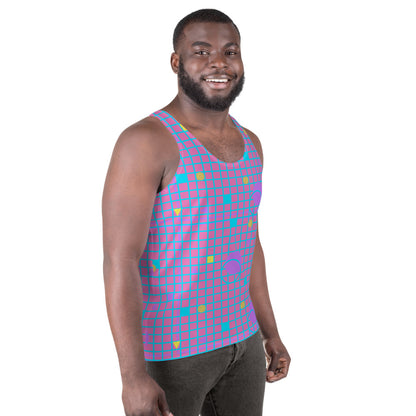 Harajuku geometric patterned unisex sports vest tank top in mauve, pink, blue and yellow, consisting of a grid background in mauve and pink and 80s Memphis design on these festival tank tops by BillingtonPix