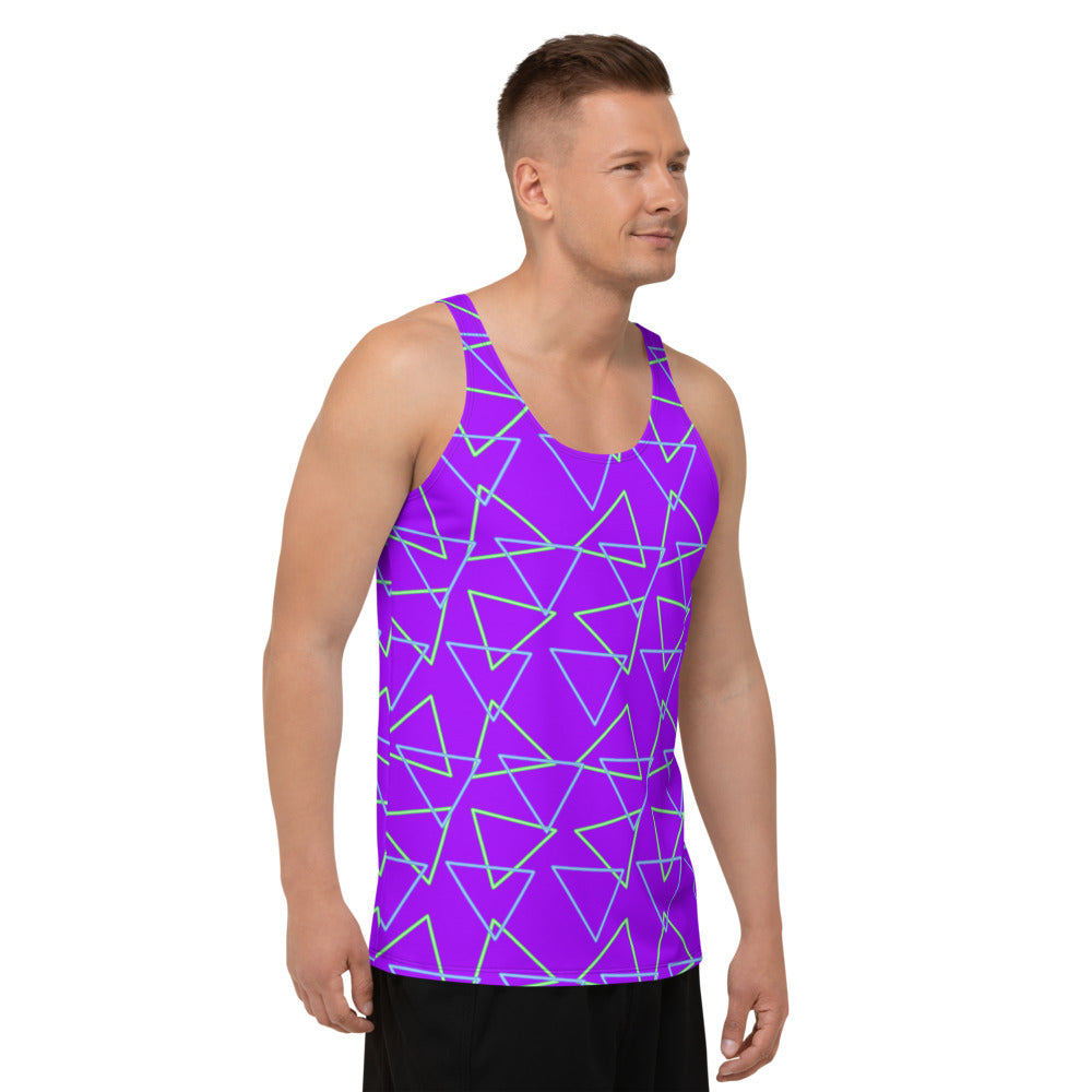 Synthwave blue and green neonwave vaporwave style triangles against a vivid purple background on our sportswear vest tank top by BillingtonPix