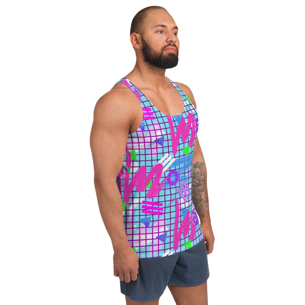 Colourful squiggles and geometric shapes in an 80s Memphis design and 90s Vaporwave style in pink, purple, green and blue men's tank top sports vest by BillingtonPix