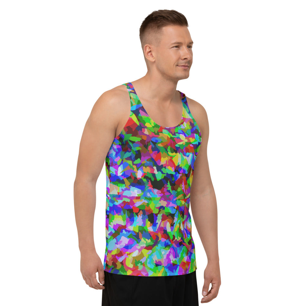 Rainbow coloured psychedelic trippy pattern in a 60s and LGBT vibe, this all-over pattern tank top sports vest by BillingtonPix contains tones of red, green, yellow, purple and blue.