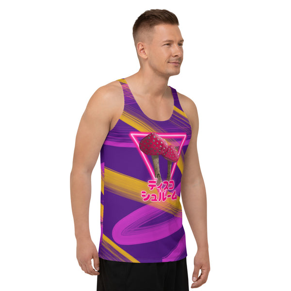 Disco Shroom tank top sports vest with a neonwave style design, neon lighting, stripes and vibe in tones of pink, red and yellow. Shows two mushrooms in the centre in front of a neon triangle and the Japanese words ディスコ シュルーム meaning Disco Shroom. Swirling tones of lilac and amber yellow against a purple background on in an all-over pattern on this graphic tank top vest by BillingtonPix