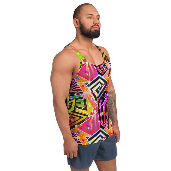 Vaporwave Menhera Men's Tank Top in orange and pink | Vibrant Retrowave Geometric Rave Outfit | Festival Clothing | Harajuku Yami Kawaii Neoncore Fashion | Macho Man cosplay outfit, clubbing outfit. Geometric shapes and neoncore patterns such as palms, neon signage and menhera kei pills