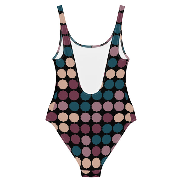 This cheeky, stylish and comfortable, abstract design patterned one-piece swimsuit is entitled Vintage Dot Matrix and consists of a colorful, abstract polka dots against a black background