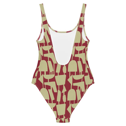 This cheeky, stylish and comfortable, abstract design patterned swimsuit is entitled Forever Connected and consists of a colorful, abstract shapes, connected by vertical lines, against a cream background