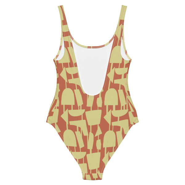 This cheeky, stylish and comfortable, abstract design patterned swimsuit is entitled Forever Connected and consists of a cream, abstract shapes, connected by vertical lines, against an orange background