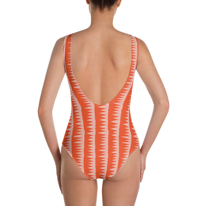 Vintage style zigzag pattern swimsuit for women in orange and pink