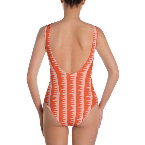 Vintage style zigzag pattern swimsuit for women in orange and pink