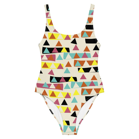 This cheeky, stylish and comfortable, abstract design patterned swimsuit is entitled Triangular Forest and consists of a colorful, abstract triangles within blocks of color and against a cream background