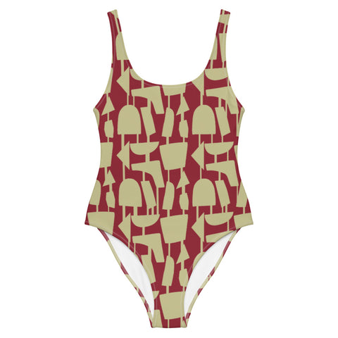 This cheeky, stylish and comfortable, abstract design patterned swimsuit is entitled Forever Connected and consists of a colorful, abstract shapes, connected by vertical lines, against a cream background