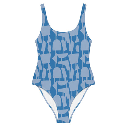 This cheeky, stylish and comfortable, abstract design patterned swimsuit is entitled Forever Connected and consists of a colorful, abstract shapes, connected by vertical lines, against a French blue background