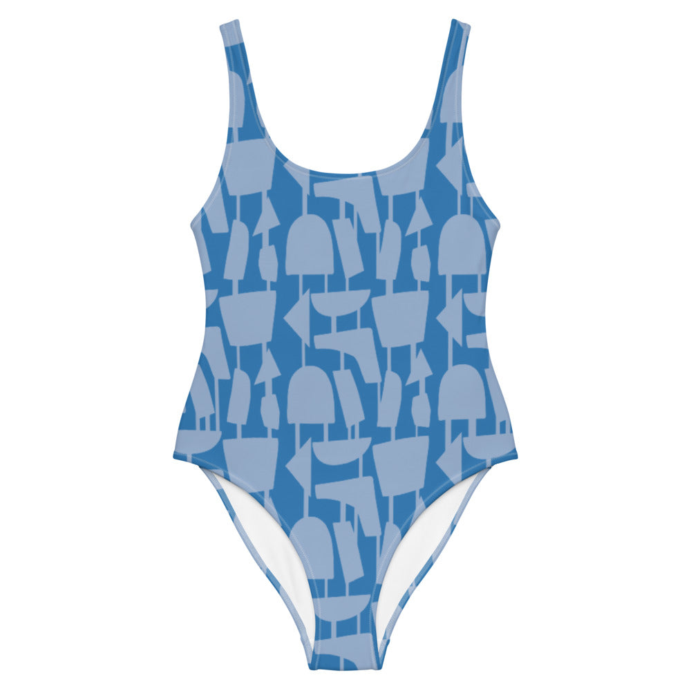 This cheeky, stylish and comfortable, abstract design patterned swimsuit is entitled Forever Connected and consists of a colorful, abstract shapes, connected by vertical lines, against a French blue background